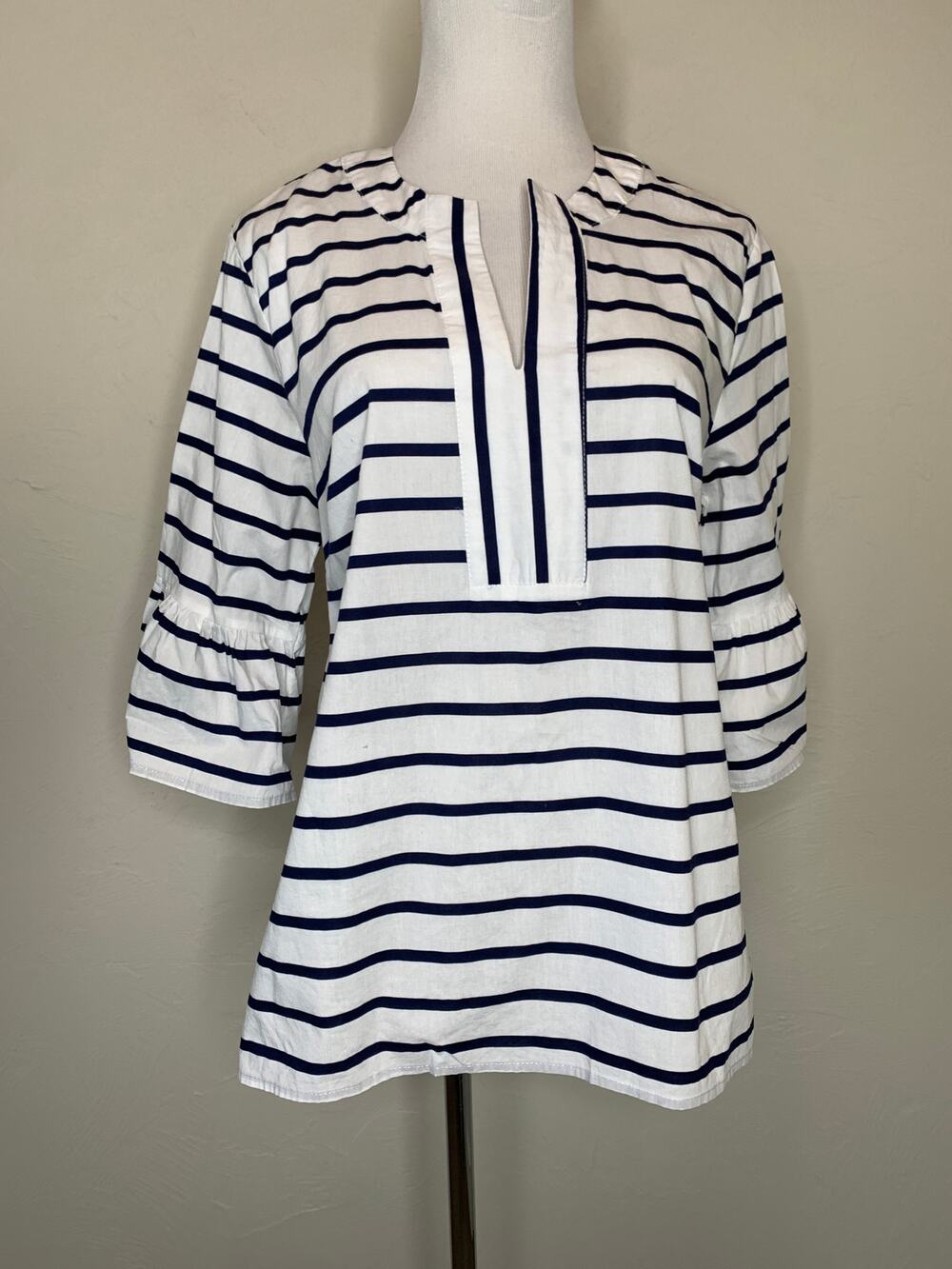 Mudpie White Navy Blue Striped Blouse Sz Medium 100% Cotton